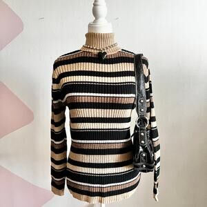 Vintage Brown Striped Turtleneck Sweater Womens Y2K Retro Minimalist Medium
